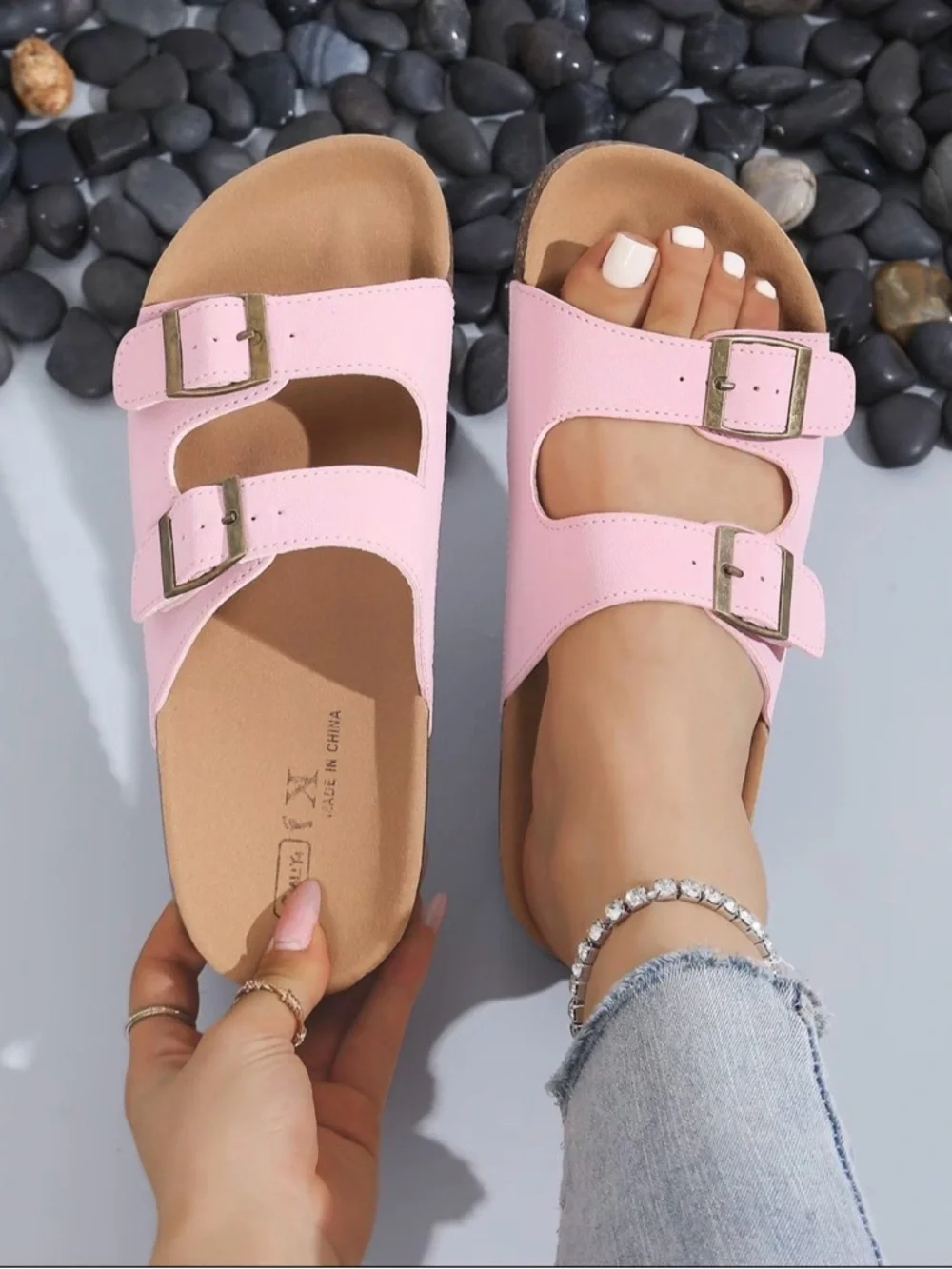 Pink Double-Buckle Cork Footbed Sandals - Picture 3 of 10